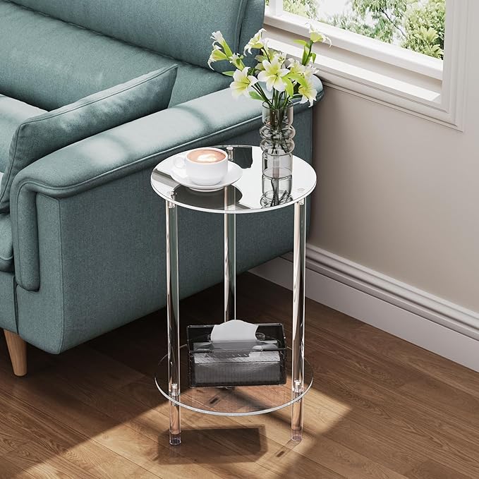 Clear Round Acrylic Side Table Set of 2 for Small Spaces, 11.81" L x 11.81" W x 19.82" H, 2 Tier Small Modern Drink End Table Nightstand, Mini Bedside Table for Living Room, Bedroom, Bathroom