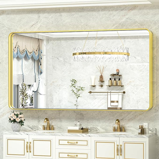 TokeShimi 60 x 28 Inch Brushed Gold Bathroom Vanity Mirror for Wall with Non-Rusting Aluminum Alloy Matte Metal Frame for Modern Farmhouse Home Decor (Horizontal/Vertical)