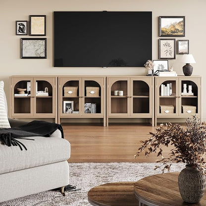 Nathan James Mason Modern Farmhouse TV Stand, Free Standing Accent Sideboard Buffet, Cabinet with Glass Doors and Adjustable Shelf, Clear Glass/Raw Oak Set of 4