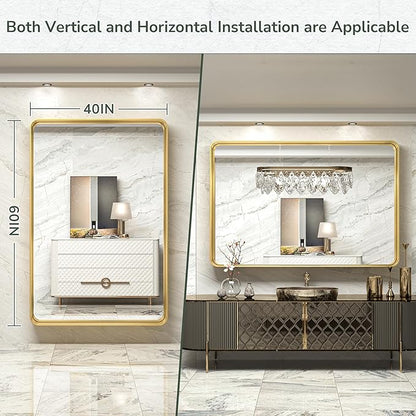 TokeShimi 60 x 40 Inch Brushed Gold Bathroom Vanity Mirror for Wall with Non-Rusting Aluminum Alloy Matte Metal Frame for Modern Farmhouse Home Decor (Horizontal/Vertical)