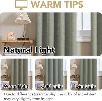 H.VERSAILTEX Linen Curtains 100% Blackout Curtains for Bedroom 96 inch Long Full Light Blocking Nature Linen Blended Window Curtains for Living Room Nickel Grommet (2 Panels, Heathered Dried Sage)