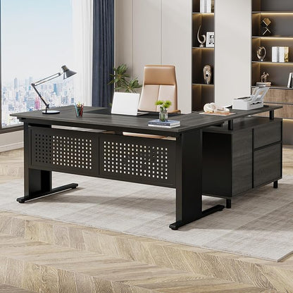 LITTLE TREE Large Computer Desk with File Cabinet, 63 Inch Executive Desk L Shaped Office Desk with Drawers and Storage Shelves, Business Furniture Desk Workstation for Home Office
