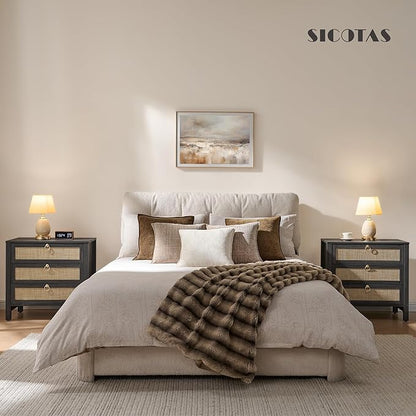 SICOTAS Nightstand Set 2 with Drawers - Large Rattan Bedside Table with Golden Handle, 3 Drawers Night Stand 26.78" Wide Side Table Boho Nightstand for Bedroom