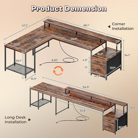 PRAISUN 66 Inch L Shaped Computer Desk with Power Outlets and LED Lights, Home Office Desk with Fabric Drawers and Print Stand, L Shape or Long Set up, Monitor Stand, Mesh CPU Stand, Rustic Brown
