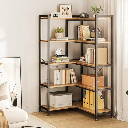 Casaottima Corner Bookshelf 5 Tier, 57 Inches Reversible Book Shelf for Living Room, Industrial Wooden Bookcase with Open Shelves and Metal Frame for Bedroom, Home Office, Kitchen, Rustic Brown