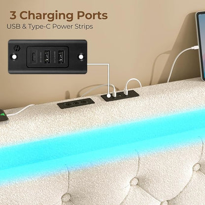 Rolanstar Twin Bed Frame with 4 Storage Drawers and Charging Station,Twin Bed with Led Lights, 2 USB & 1 Type C, Adjustable Headboard 38.9/40.8 Inches, No Box Spring Needed, White