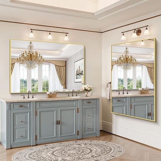 YIROMAN Bathroom Mirror 60"x40", Large Brushed Gold Bathroom Mirror for Over Sink with Aluminum Frame, Rectangular Vanity Mirror with Right Angle, Wall Mirror Hangs Horizontal or Vertical