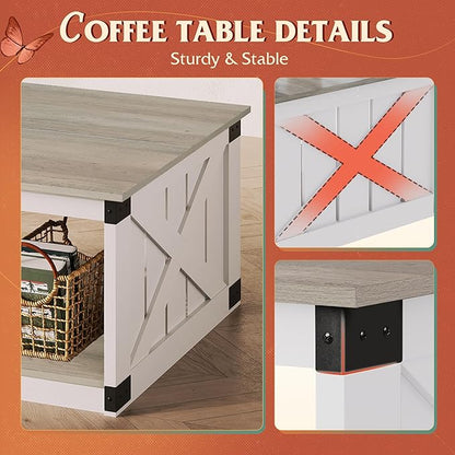 WLIVE Coffee Table, Farmhouse Coffee Table with Open Storage, 31.5" Wood Square Living Room Tables, Rustic Dining Cocktail Center Table for Living Room, Grey & White