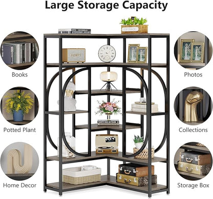 LITTLE TREE Large Corner Bookshelf Industrial Bookcase for Living Room Home Office,Grey