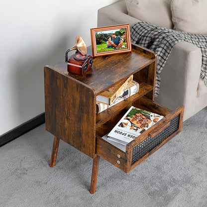 Lerliuo Rattan Nightstand, Boho Side Table with Drawer Open Shelf, Cane Accent Bedside End Table with Solid Wood Legs for Bedroom, Dorm and Small Spaces (Brown)