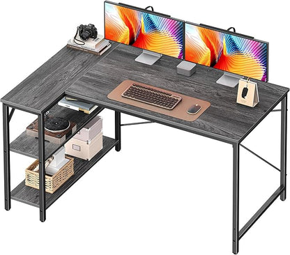 Huuger L Shaped Desk, 47 Inches Computer Desk with Reversible Storage Shelves, for Gaming Corner Home Office Writing Study, Metal Frame, Gray