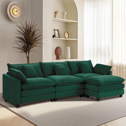 Furniliving 117‘’ L-Shaped Sofa, Luxury Corduroy Modular Sectional Couches with Ottoman, Upholstered Deep Seat Sleeper Sofa with Memory Foam and Waist Pillows, Green