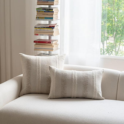 Pack of 1 Decorative Throw Pillow Covers 12x20 Inch, Pillow Cases for Living Room Couch Bedroom Farmhouse Home Decor, Soft Stripe Chenille Cushion Covers for Sofa Beige,12''x20''