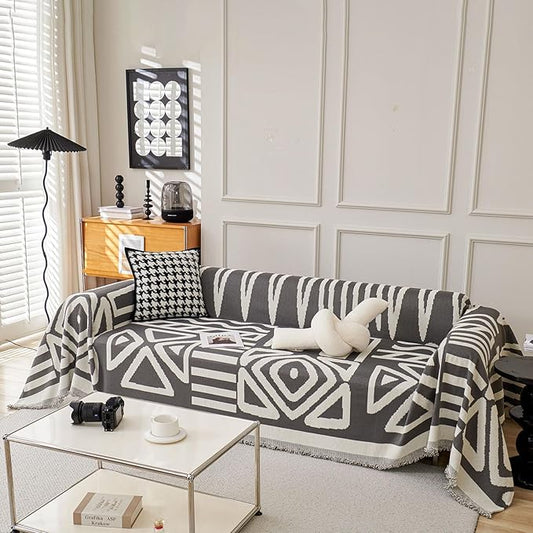 STACYPIK Dark Grey Chenille Couch Covers, Boho Sofa Covers for 2 Cushion Couch, Loveseat Couch for Sectional, Non Slip Couch Cover Tassels for L-Shaped, Multi-Use Jacquard Decorative Blanket-71X118IN