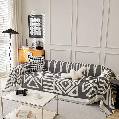 STACYPIK Boho Geometric Dark Grey Chenille Sofa Cover for Dogs - Washable Armchair Slipcover for Living Room, Sectional, 2 Cushion Couch - Jacquard Decor 71x102IN