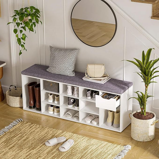 DINZI LVJ Shoe Bench, Entryway Storage Bench with Drawer and 14 Cubbies, Long Cubby Shoe Rack with Adjustable Shelves, Organizer for Living Room, Bedroom, Mudroom, Garage, White