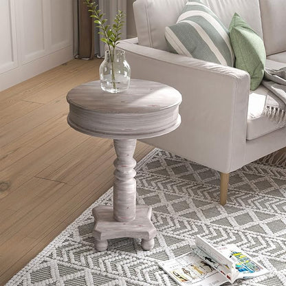 COSIEST Set of 2 Rustic Accent Side Table, Farmhouse Wood Pedestal Table Round End Table for Living Room, Bedroom, Distressed Whitewash Finish, Grey Color