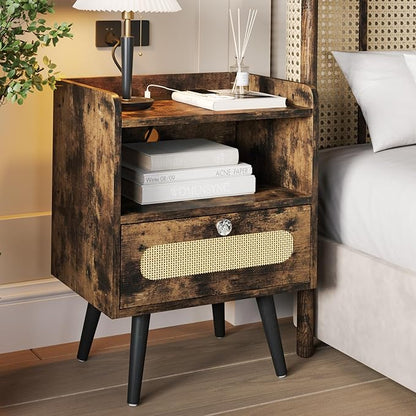 Nightstands/Beside Table Set of 2 with Charging Station, End Table with Diamond Handle and Rattan-Style Drawer, Rustic Brown