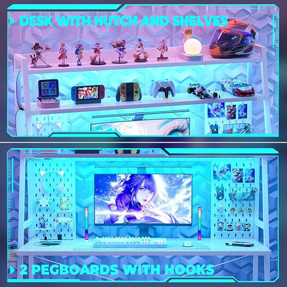 Gaming Desk with Hutch and LED Lights, Gaming Computer Desk with Power Outlets, Gamer Desk with Storage Shelves, PC Game Desk with Pegboards for Bedroom, Carbon Fiber White, 49"