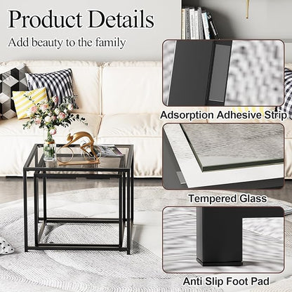 VILAWLENCE Coffee Table Set of 2, Modern Grey Glass Side Table, Metal Frame Square End Table, Center Tables, Nesting Coffee Table for Living Room, Bedroom and Small Spaces, 23.6in