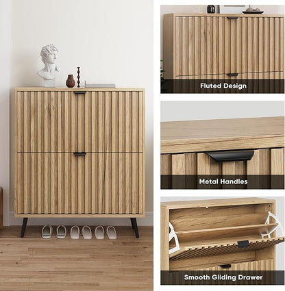 Smuxee Shoe Cabinet with 2 Flip Drawers, 31.5" Natural Hidden Shoe Storage Cabinet with Fluted Design, Freestanding Shoe Organizer Cabinet for Entryway, Hallway, Closet, Living Room