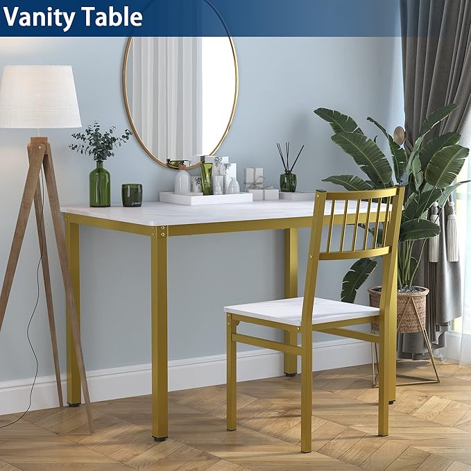 Teraves Dining Table Set for 4/Computer Desk,Kitchen Table with 2 Chairs and a Bench,Table and Chairs Dining Set 4 Picce Set for Dining Room (White Marbling+ Gold Frame,120CM)