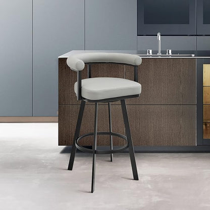 Armen Living Magnolia Swivel Counter Stool in Black Metal with Light Grey Faux Leather