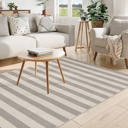 OJIA Outdoor Rug 5'x7' Striped Patio Rug Washable Indoor Outdoor Carpet Cotton Woven Outside Farmhouse Enrtyway Rug Large Area Rugs for Living Room Bedroom Backyard (Gray/White/Tan)
