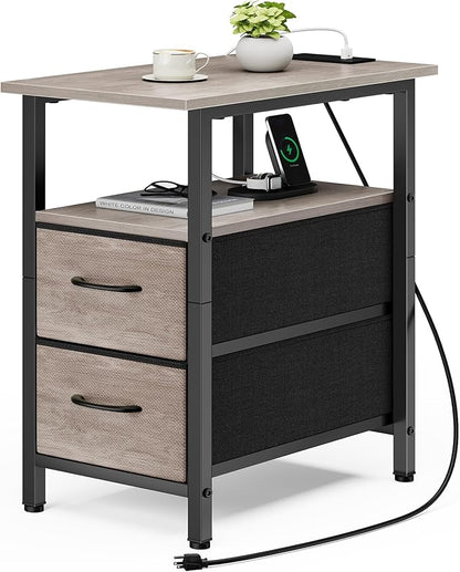 Vagusicc End Table with Charging Station, Narrow Side Table, 23.8'' Tall Nightstand with 2 Fabric Drawers, Small Sofa Side Table Narrow Nightstand for Small Spaces, Living Room, Bedroom, Rustic Grey