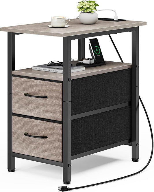 Vagusicc End Table with Charging Station, Narrow Side Table, 23.8'' Tall Nightstand with 2 Fabric Drawers, Small Sofa Side Table Narrow Nightstand for Small Spaces, Living Room, Bedroom, Rustic Grey