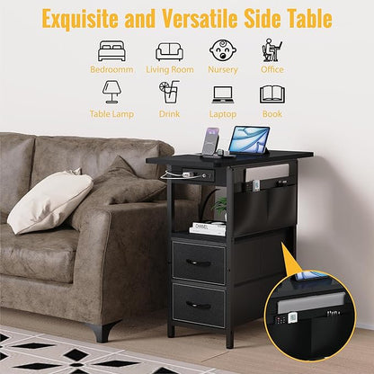 Small Side Table with Charging Station, Narrow Nightstand Bedside Tables with Storage Pocket for Living Room Bedroom, Sofa End Table with USB Ports and Power Outlets for Small Spaces