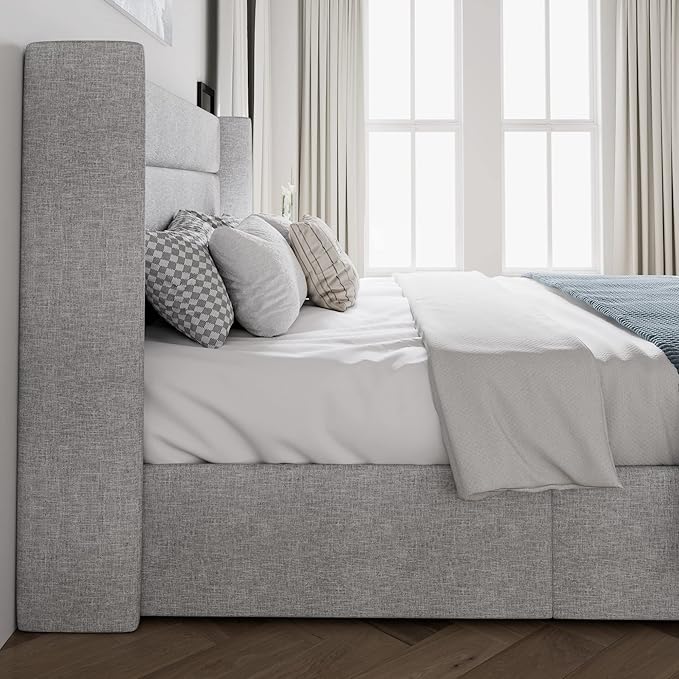 SHA CERLIN King Size Lift Up Storage Bed/Modern Wingback Headboard/Upholstered Platform Bed Frame/Hydraulic Storage/No Box Spring Needed/Wood Slats Support/Light Grey