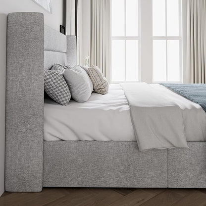 SHA CERLIN King Size Lift Up Storage Bed/Modern Wingback Headboard/Upholstered Platform Bed Frame/Hydraulic Storage/No Box Spring Needed/Wood Slats Support/Light Grey