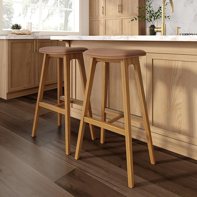 Plank+Beam Beryl Bar Height Stool - Mid-Century Modern Rubberwood Bar Stool with Faux Leather Seat, Metal Footrest, Easy Assembly, 4-Pack, Pecan/Toffee