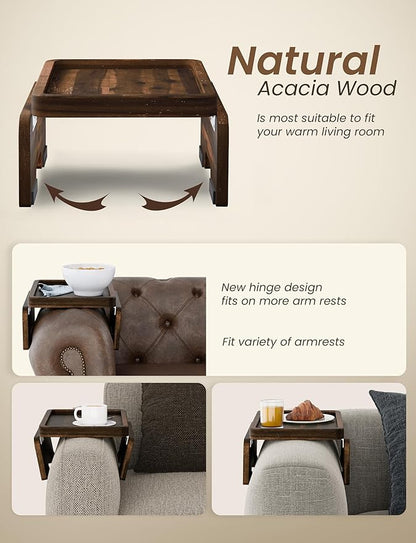 HOLANA Acacia Couch Armrest Table with 360° Rotating Phone Holder, Wooden Couch Tray – Sofa Side Table, Armchair Caddy for Home Sofa Living Room (Walnut, 13.75" D x 9.5" W x 2" H)