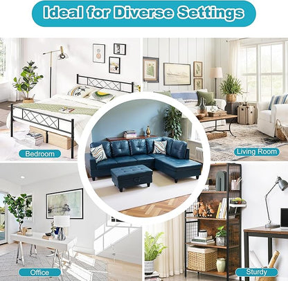 Couches for Living Room PU Leather L Shaped Couch Comfy 3 Pieces Sectional Sofa with Chaise, Ottoman with Storage for Office and Small Apartment, Peacock Blue