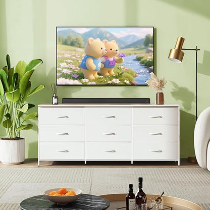 WLIVE 63''W Dresser for Bedroom, White Dresser TV Stand for 65, 70, 75 inch TV, Wide Chest of Drawers with 9 Drawer, Large Entertainment Center, Fabric Dressers with Wood Top for Closet, Living Room