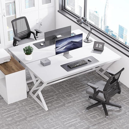 LVB Modern White Computer Desk, Long Industrial Home Office Desk for Student, Large Metal Wood Writing Study Work Desk, Farmhouse Executive Gaming Computer Table for Bedroom Living Room, White, 60 in