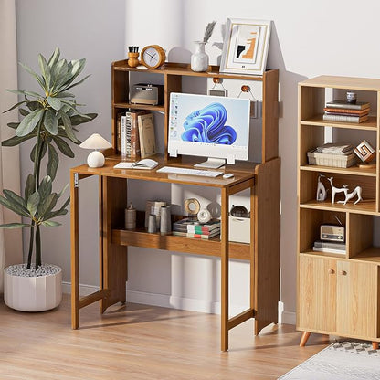 Bamboo Folding Desk with Storage Rack Mid Century Modern Desk for Home Office Bedroom Small Spaces, Brown
