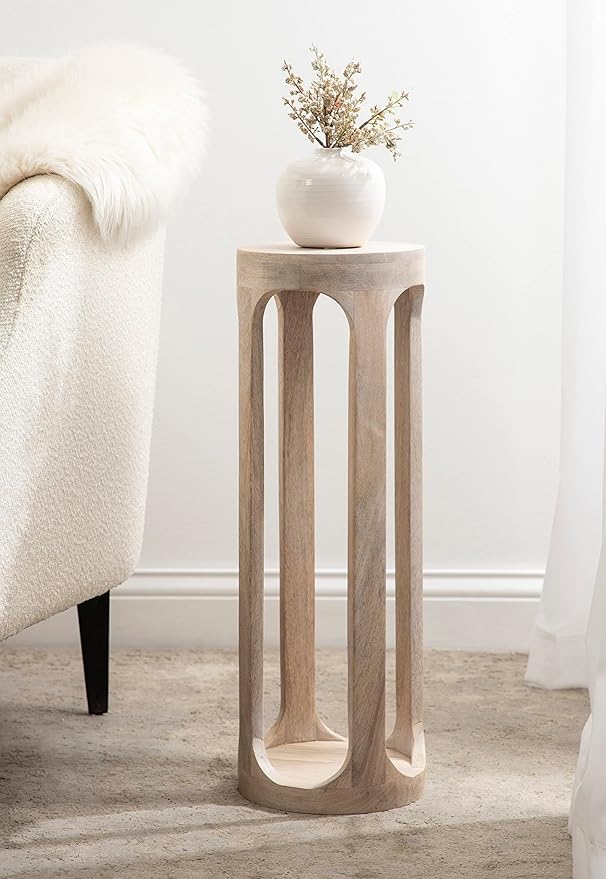 Kate and Laurel Dahl Coastal Wooden Round Drink Table; 8 x 23; Whitewash; Boho Circle Wood Accent Pedestal Table for Living Room Plant Stand or Small Bedroom Nightstand