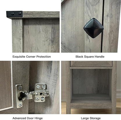 Rustic Nightstand with Charging Station, Night Stand with Barn Door and Drawer, Storage Bedroom Living Room Bedside Table Farmhouse End Table Industrial Bedside Table with USB Ports and Outlets，Grey