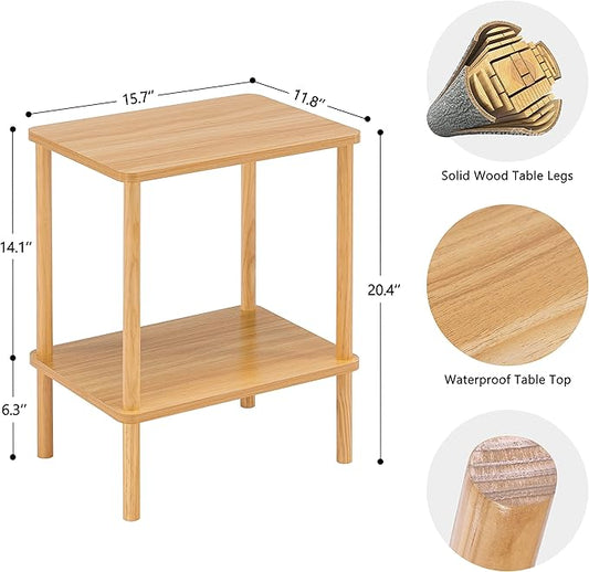 Apicizon 2 Tier End Table, Small Side Table with Solid Wood Legs, Boho Bedside Table with Storage Shelf, Nightstand for Small Spaces, Bedroom, Living Room, Entryway, Farmhouse, Easy Assembly, Natural