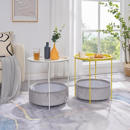 VECELO Round Side/End Table with Fabric Storage Basket，Metal Anti-Rust and Waterproof Small Bedside Nightstand with Removable Tray Top for Living Room，Balcony & Laundry，Yellow /1pcs with Basket