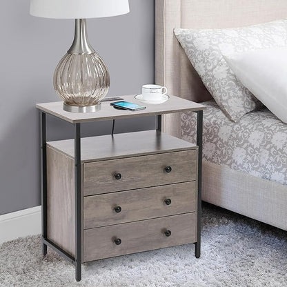 3 Wooden Drawers Night Stand, 27 Inch Wide Nightstand with Charging Station and Adjustable Drawers, Bedside Table for Living Room/Bedroom/Office, Gray.