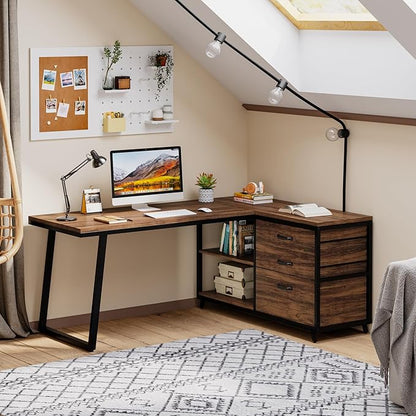 Tribesigns L-Shaped Computer Desk with 3 Drawers, Reversible Corner Home Office Desk with Shelves, 53-Inch Industrial PC Desk Study Writing Table Workstation for Small Space, Rustic Brown