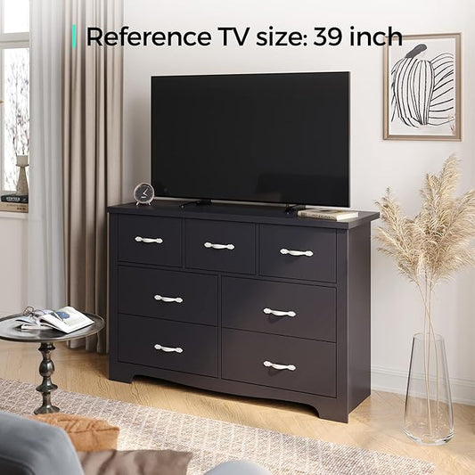 LINSY HOME 7 Drawers Dresser for Bedroom, Wood Bedroom Dresser Modern Drawer Chest, 7 Chest of Drawer, Tall Dresser for Closet, Dressers Organizer for Living Room, Closet, Hallway