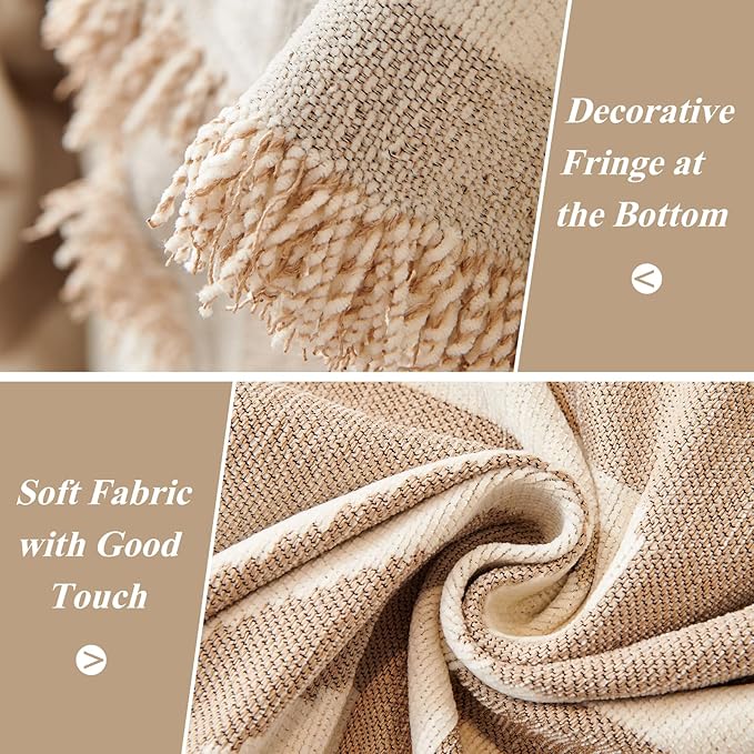 STACYPIK Thick Boho Sofa Cover Beige Khaki Triangle Plaid Couch Cover Skin Pet-Friendly Chenille Sofa Protector for 3 Cushion Couch Reversible Couch Cover Tassel Washable Sectional Sofa Cover-91X134IN