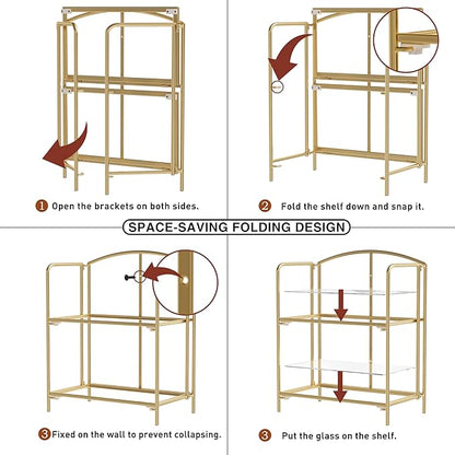 Crofy No Assembly Folding Bookshelf for Living Room, 2 Tier Gold Collapsible Book Shelf for Home Office, Portable Bookcase Storage Organizer