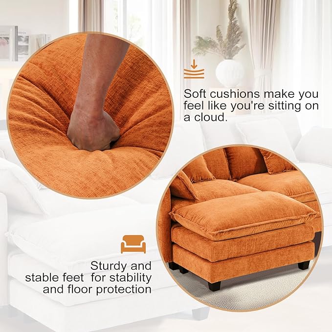 Furniliving Oversized Accent Chair with Ottoman, Luxury Chenille Single Sofa, Upholstered Deep Seat Chaise Lounge with Pillows for Living Room, Bedroom, Apartment, Orange