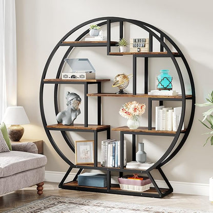 Tribesigns Bookshelf, Round Bookshelves Etagere Bookcase, 63 Inch Industrial Wood Book Shelf with Staggered Shelves, Rustic Open Shelving Organizer Rack Display Shelf for Home Office, Living Room
